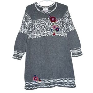 Hanna Andersson Kids Gray Fair Isle Floral Embroidered Cotton Sweater Dress 5yrs